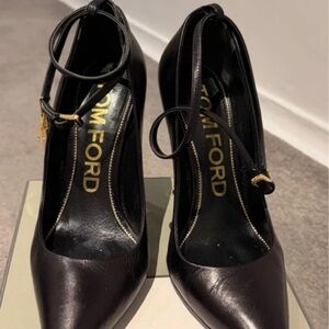 Tom Ford Black Leather Pointed Ankle-Strap Pumps with Gold Accents